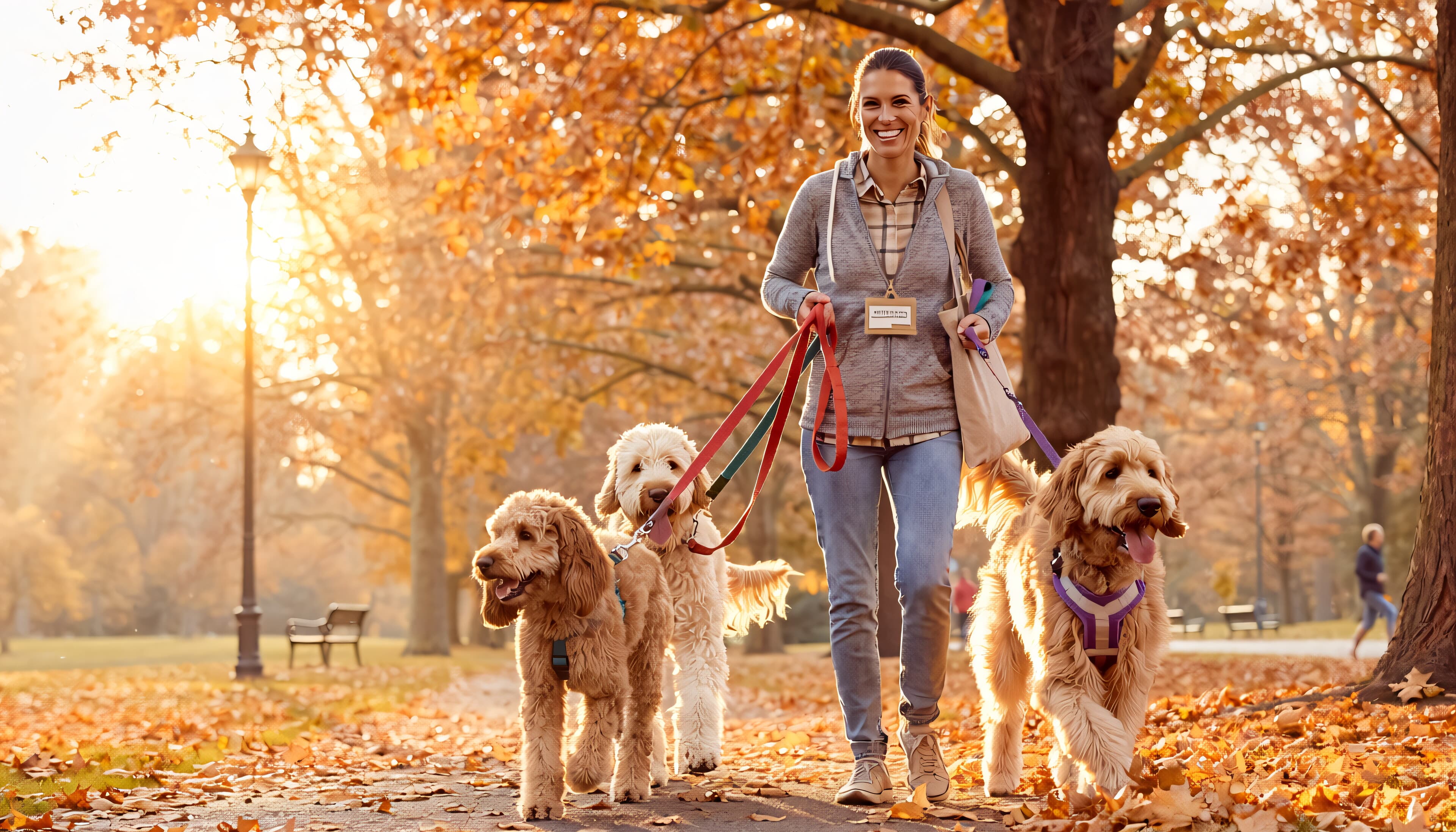 A volunteer walking rescued doodles on a tree-lined path